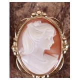 14K YELLOW GOLD ORNATE CAMEO BROOCH/PENDANT