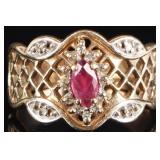 10K YELLOW GOLD RUBY DIAMOND FILIGREE LADIES RING