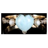 10K YELLOW GOLD RING W/ LARIMAR PEARL & DIAMONDS