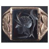 10K YELLOW GOLD MENS RING W/ CUT QUARTZ PROFILE