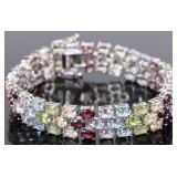 BEAUTIFUL STERLING MULTI GEMSTONE TENNIS BRACELET
