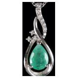 10K WHITE GOLD LADIES NECKLACE W/ EMERALD & DIAS