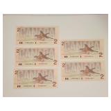 1986 Consecutive $2 Canada Banknotes