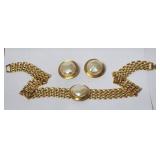 Mesh Choker Necklace Earrings Faux Pearl Gold Tone