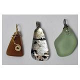 Amber Resin Green Stone Pendant Lot of 3 VTG