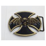 Belt Buckle - Gothic Iron Cross Skull w/Bat Wings