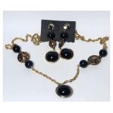Pendant Necklace Earring Set Faux Gold & Onyx Bea