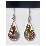 Flowers in Resin Teardrop Ear Rings Sterling SilvG
