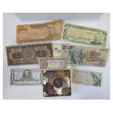 Lot of Old Coins & Banknotes in Tin