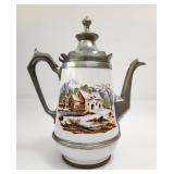 Pewter & Enamel Coffee Pot Farm Scene H: 11'