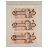 1986 Consecutive $2 Canada Banknotes