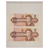 1986 Consecutive $2 Canada Banknotes