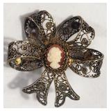 Cameo Bow Brooch Filigree Vintage 1935-50