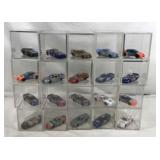 25 toy race, cars in collectible display cubes