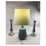 Blue ceramic table lamp with white shade