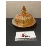 Iridescent carnival glass covered dish