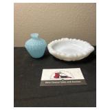 Hobnail vase and milk glass dish