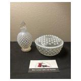 Hobnail covered dish and bottle