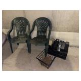 Plastic lawn chairs, planter, filing miscellaneous