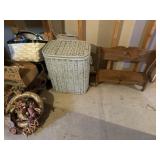Wooden bench, hamper, misc decor