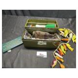 Vintage metal tackle box and MCM fish decor