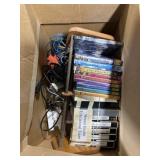 DVDs, mitre saw box, misc cords