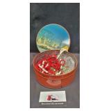 Tin with beaded necklaces & misc