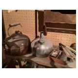 Kettles, antiques, collectable, shelf contents