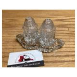 Bohemian cut glass, three-piece salt and pepper