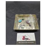 Metal trinket box with misc jewelry