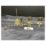 Brass bells, snuffer, candle stick holders