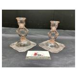 Pink depression glass candle stick holders