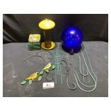 Gazing ball, bird feeders, hangers