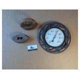 2 Sad irons w/ handle, cast iron wall thermometer