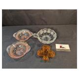 Coin glass dish, amber nut dish, 2 pink depr.