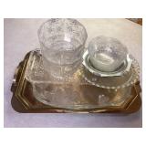 Platter and glassware, plastic bowls