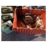 Grease gun, jugs, saw, misc
