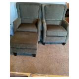 Green cloth chairs and ottoman