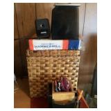 Office supplies and wicker box