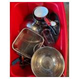 Tote of Kitchenware, pots, pans
