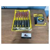 Stanley tape measure and screwdrivers