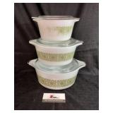 Pyrex Verde Green Square Flowers Casserole Set