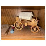 Hand carved wooden wagon and miscellaneous