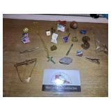 Pins, tie clips, necklace, misc