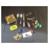 Flatware, KFC ash tray, John Deere patch, misc