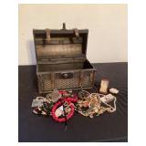 Wicker trunk with costume jewelry