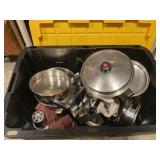 Salad master  and  misc pans in heavy duty tote