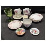 Various floral dishes, green glass stemware