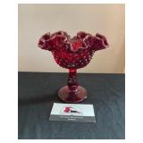 Fenton Ruby Red Ruffled Hobnail Compote
