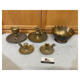 Brass bowl, candle holders